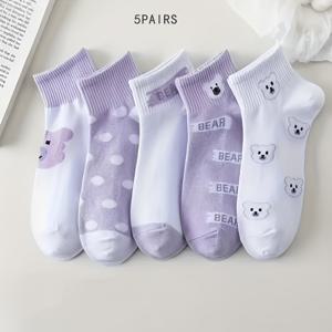 TEMU 귀여운 곰돌이 보라색 양말 5켤레, 편안하고 통기성 좋은 여성용 숏 삭스