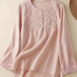 TEMU 가을 패션 여성 빈티지 자수 라운드넥 긴팔 루즈 캐주얼 셔츠 + YTD