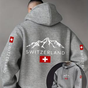 TEMU 남녀 공용 스위스 국기 & 마터호른 산 그래픽 후드 스웨트셔츠 - 사계절 캐주얼 풀오버, 스위스 십자 & 마터호른 프린트, 앞면 캥거루 포켓 - 세탁기 사용 가능 스위스 테마 여행객 & 스위스 유산 애호가 선물