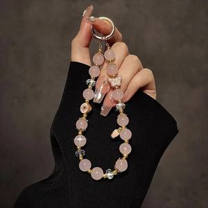 TEMU 전통 중국 스타일 핑크 수제 비즈 손목 스트랩 랜야드, 꽃잎 펜던트 포함, 투명 클립 제공 - 우아한 여성용 휴대폰 케이스 파우치 참 액세서리