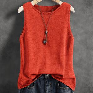 TEMU 빈티지 오렌지 크루넥 베스트, 레이어드용 루즈핏 민소매 스웨터 탑, 릴랙스 스타일 단색 탱크탑, 여성용 민소매 스웨터, 안감이나 아우터로 착용 가능