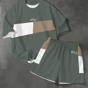 TEMU 3D 프린팅 그린, 화이트, 브라운 삼색 킹 패턴, 청소년 패션 반바지 세트, 봄, 여름, 가을 반팔 티셔츠와 루즈 반바지 2피스 세트, 소년 패션 아웃도어 레저 세트, 청소년을 위한 완벽한 아웃도어 웨어