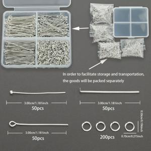 TEMU 350개/박스 화이트 K DIY 주얼리 만들기 키트, 50개 나인 프롱 핀, 50개 볼 헤드 핀, 50개 플랫 바텀 핀, 200개 점프 링 포함. 펜던트, 비즈, 팔찌, 목걸이, 귀걸이, 헤어 액세서리, 지갑 액세서리, 주얼리 부품, 오픈 점프 링, 비즈 커넥터, 가방 링킹 핀 및 기타 수제 주얼리 액세서리 재료에 적합