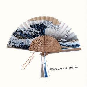TEMU 가나가와 오미 전통 접이식 부채 - 가나가와 아트가 있는 우아한 술 장식 수扇, 댄스, 결혼식, 문화 행사에 적합 - 여성, 댄스 공연, 역사적 액세서리용 선물