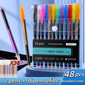 TEMU 48색 컬러 체인징 글리터 펜 세트, 반짝이는 액체 글리터 스타 젤 펜, 오로라 스파클 펜, 저널링 및 드로잉용 하이라이터 - 12펜 + 36리필