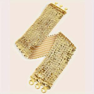 TEMU 여성을 위한 7Cm 반짝이는 글리터 메탈 버클 탄성 허리 벨트, 넓은 커머밤과 스팽글이 특징이며 드레스 장식 및 스트레치 액세서리로 완벽합니다.