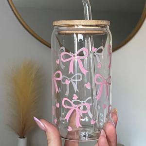 TEMU 하트 모양의 16 Oz 유리컵 뚜껑과 빨대가 있는 매력적인 보우노트 - 재사용 가능하고 지속 가능한 음료 용기, 커피, 우유, 주스, 맥주에 적합 - 완벽한 선물 아이디어