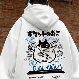 TEMU 영어 레터 고양이 프린트 스웨트셔츠 포켓 드로스트링 프린트 후드 스웨트셔츠, 드롭 숄더 긴소매 풀오버 스웨트셔츠, 신학기 스트리트웨어, 남성 가을/겨울 겉옷