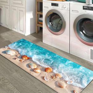 TEMU 1pc 오션 테마 롱 매트, 파도, 해변 및 조개 패턴이 있는 주방, 욕실 입구, 세탁실 장식에 적합합니다.