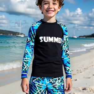 TEMU 남아용 긴소매 크루넥과 반바지 2피스 수영복 서프 세트, 주로 블랙 색상에 생생한 청록색 기하학 프린트. 활기찬 에너지 가득, 봄/여름 수영, 가족 나들이, 해변 놀이, 워터파크, 여름 휴가, 여름 해변, 바닷가, 수영장, 여름 파티, 캐주얼한 휴가 활동에 적합