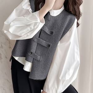 TEMU 셀프 패션 스타일 그레이 신상 불규칙 디자인 센스 버클 조끼 레이어드 간편한 앞면 오픈 스웨터 조끼 게으른 스타일 풀오버 여성 의류