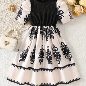 TEMU 여아 봄/여름 오프숄더 라운드넥 프린트 캐주얼 원피스 | 미디 길이, 양모우늘옷 소매, 칼라, 트라이벌 패턴, 스타일, 레저 바캉스룩