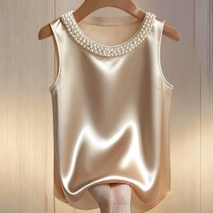 TEMU 사계절용 베스트, 라운드넥 진주 루즈핏 새틴 조끼, 캐주얼하고 우아함, 외출, 통근, 집, 파티에 적합, 여성 의류