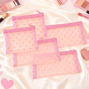 TEMU 사탕 같은 귀여운 스타일 하트 프린트 나일론 메시 메이크업 가방, 다양한 사이즈 및 색상으로 제공, 여행용 다기능, 휴대용, 통기성 좋은 화장품 파우치 (립스틱, 핸드크림, 메이크업 브러쉬, 세면도구 정리용), 5개 세트