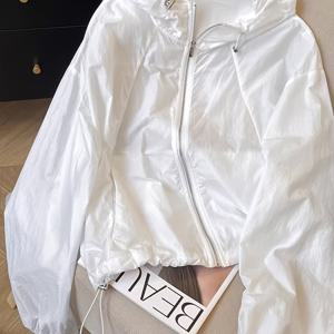 TEMU 7109 여성용 심플 데일리 아웃도어 경량 통기성 자외선 차단 의류, 2026 여름 신상 스타일 드로스트링 후드 루즈핏 긴소매 에어컨셔츠, 캐주얼 재킷 탑 NS702