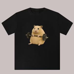 TEMU 남성용 귀여운 햄스터 근육 티셔츠 - 재미있는 피트니스 스타일, 부드럽고 통기성 좋음, 폴리에스터 섬유, 라운드넥, 반팔 여름 셔츠, 독특한 그래픽 티