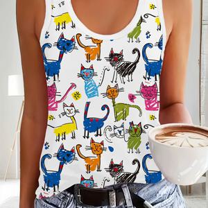 TEMU 여성용 민소매 고양이 프린트 블라우스 - 귀여운 새끼고양이 & 태비 고양이 디자인 라운드넥 탑, 봄/가을 캐주얼 웨어, 매일 입기 좋은 민소매 셔츠, 세탁기 사용 가능