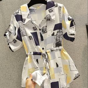 TEMU 여성용 프린팅 반팔 셔츠 - 턴 칼라, 버튼 커프스, 조절 가능한 허리끈. 미디엄 소매, 봄과 여름에 적합