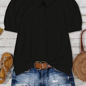 TEMU 여성용 블랙 퍼프 슬리브 반팔 셔츠, 패셔너블한 라펠 버튼업 상의, 활용도 높은 여름 캐주얼 통근용 블ouses