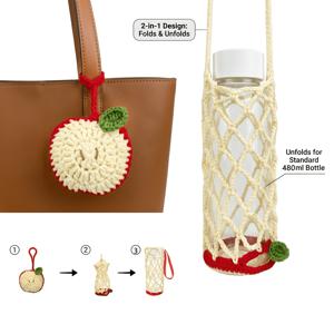 TEMU 2 IN 1 수제 코바늘 뜨개질 과일 가방 참 & 휴대용 직조 커피컵 메시 가방, 손잡이가 있는 접이식 물병 보관 홀더, 커피컵 & 물컵을 위한 다용도 니트 컵 슬리브, 가방 참, 키체인 액세서리, 과일 모양 (사과, 파인애플)