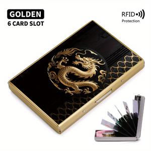 TEMU 황금 용과 좋은 구름 패턴의 고급 스테인리스 스틸 RFID 도난 방지 카드 홀더 남성용 - 스타일리시한 블랙 메탈 지갑, 다기능 수납 공간 디자인, 완벽한 아버지의 날 선물