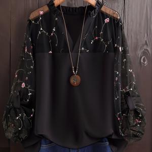 TEMU 플러스 사이즈 - 플러스 사이즈 - 플러스 사이즈 레이스 패치워크 셔츠, 조절 가능한 커프스 여성 블라우스 탑, 우아한 긴소매 자수 플러스 사이즈 셔츠, 봄 여름 신상 여성 의류, 여성 플러스 사이즈 셔츠, 플러스 사이즈 셔츠 여성 의류