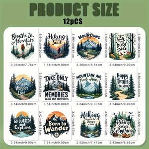 TEMU 12pcs 하이킹 인용구 철자 전송 - 산경관 디자인 및 영감을 주는 문구가 있는 세척 가능한 플라스토파실 데칼, T-셔츠, 청바지, 마스크, 배낭용으로 준비된 DIY 스티커 (열기압이 필요하지 않음), 하이킹 액세서리, 야외 의류 모험 모티브, 쉽게 적용 가능한 데칼