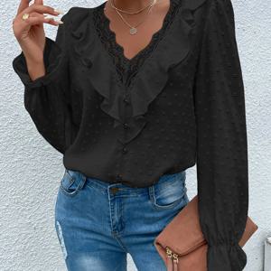 TEMU 봄/가을 신상 우아하고 캐주얼한 데이트룩 졸업 시즌 출퇴근룩 레트로 스타일 레이스 패치워크 버튼 장식 셔링 커프스 루즈핏 긴소매 여성용 V넥 셔츠