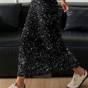 TEMU 2026년 신상 여성 하프 스커트, 벨벳 스팽글과 백 슬릿이 특징인 캐주얼하고 우아한 롱 스커트. 데일리 출퇴근 및 파티, 카니발 의상에 적합한 패션 스타일. 안감이 있는 스팽글 A라인 스커트