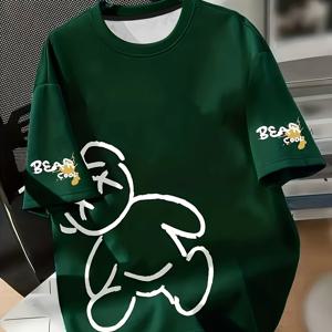 TEMU 1개 캐주얼 여름 남아 티셔츠, 곰 캐릭터 프린트와 슬로건, 약간 신축성, 일상 및 주말 착용 추천, 친구들과 게임 셔츠, 주말 아웃핏 탑, 곰 캐릭터 프린트 티셔츠, 남아 티셔츠, 곰 디자인, 랜덤 색상