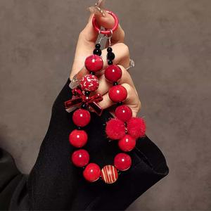 TEMU 레드 폼폼 리본 비즈 핸드백 체인 손목 숏 랜야드 폰 케이스 키체인 가방 펜던트