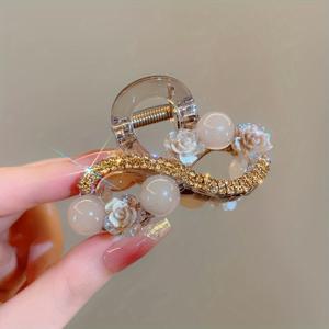 TEMU 한국 스타일 라인스톤 꽃 모양 중간 사이즈 헤어 클립 여성용 뒷머리 반 매듭 헤어 클립 작은 헤어 볼륨 상어 클립 인성 헤어 카드