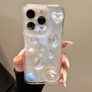 TEMU 휴대폰 케이스 - 아이폰 16, 15, 14, 13 Pro Max용 스타일리시하고 예술적인 3D 진주빛 하트 모양 에폭시 폰 케이스, 투명 보호 뒷면 특징
