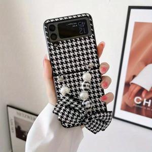 TEMU 휴대폰 케이스 - 니치 디자인 하운드스타치 패턴, 진주 리본 팔찌 디자인, 삼성 갤럭시 Z 플립 3, 4, 5, 6, 7 호환