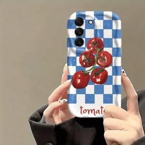 TEMU 휴대폰 케이스: 블루 체크 토마토 패턴 케이스, 갤럭시 A72/S21-5G/S30/G991/S21/S22/S23/S24/S25/A50/A55/A14/A16 호환, 크림 웨이브 에지와 두들 프린트, 충격 방지 및 낙하 방지 보호 케이스 - 크리스마스, 할로윈, 부활절에 가족, 친구, 커플을 위한 완벽한 휴가 선물