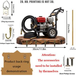 TEMU 2D 평면, 1개, 레트로 고압세척기 모델 열쇠고리 나무 다기능 가정용 열쇠걸이, 금속 고리 4개 포함, 벽 장식, 현관 장식, 방 장식, 빌라 장식, 계절 가정 장식 (11.8