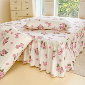 TEMU 신상 봄 도착: 핑크 벚꽃 패턴 베드 스커트 3종 세트 (베드 스커트 1개 + 베개 커버 2개) - 합성 섬유 원단, 워싱 마감, 부드럽고 기계 세탁 가능, 사계절용, 베개 속통 미포함