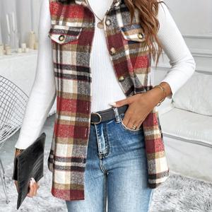 TEMU 체크 칼라 조끼 재킷, 간편 캐주얼 민소매 웨이스트코트, 가을 겨울 패션 루즈 코트