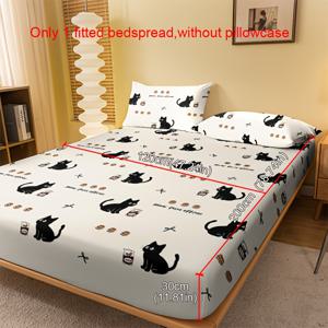 TEMU 1개 간편한 모던 스타일 빵 고양이 패턴 플록 침대 스커트, 프린트 침대 커버, 매트리스 커버, 매트리스 보호대, 침구 (베개 커버 미포함) 부모, 가족, 친구, 휴일, 파티를 위한 이상적인 선물