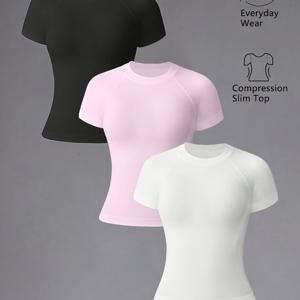 TEMU 3pcs 캐주얼 단색 운동 티셔츠 세트, 탄성 좋은 통기성 좋은 타이트 요가 반팔, 트레이닝 운동 반팔, 여성용 요가복