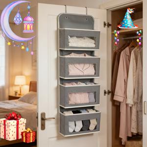 TEMU 4단 투명 창문 걸이형 수납 가방, 문 위 정리함, 회색, 세척 용이, 기숙사, 욕실, 침실, 옷장, 팬트리, 사무용품 수납, 공간 절약에 적합