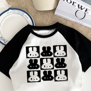 TEMU 여아용 패셔너블한 블랙 앤 화이트 크루넥 니트 탑 | 여름, 기하학 패턴, 중간 정도 신축성, 루즈핏