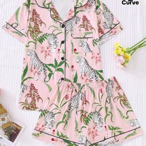 TEMU 플로럴 타이거 프린트 플러스 사이즈 여성 파자마 세트, 편안한 반소매 라佩 버튼업 셔츠와 헐렁한 신축성 반바지, 여성용 사계절 캐주얼 아웃도어