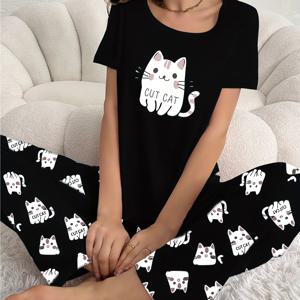 TEMU 여성용 고양이 프린트 파자마 세트, 캐주얼 라운드넥 긴팔 상의와 나비 장식이 있는 신축성 바지, 편안한 루즈핏, 부드러운 폴리에스터 혼방, 기계 세탁 가능, 여성 수면복 및 홈웨어