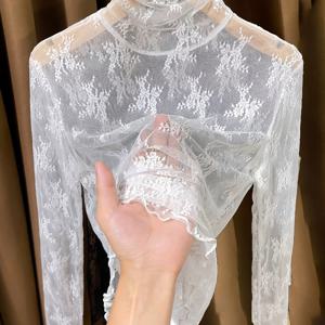 TEMU 얇은 하이넥 레이스 캐미솔 베이스 레이어 탑 여성 봄 2025 신상 스타일 우드 이어 트림 메시 베이스 레이어 탑 여성 속옷