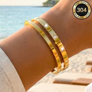 TEMU 여성용 패션 18K 골드 도금 304 스테인리스 스틸 팔찌 2개 세트, 반짝이는 스톤 인레이, 저자극성, 방수, 변색 방지 패션 주얼리, 일상복 또는 파티용으로 적합, 어머니의 날 선물로도 이상적