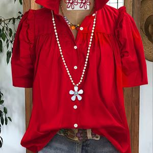 TEMU 우아한 방향성 캐주얼 V넥 블라우스, 러플 레이스 소매 - 솔리드 레드 반팔 셔츠 탑, 가볍고 세탁기 사용 가능, 봄 여름 가을 우아한 컬렉션