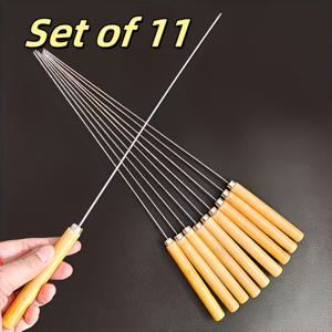 TEMU 나무 손잡이가 있는 스테인리스 스틸 꼬치 11개 세트 - 야외 바비큐, 캠핑, 피크닉용, 야외 그릴 액세서리, 편안한 그립 디자인, 내구성 있는 나무 손잡이