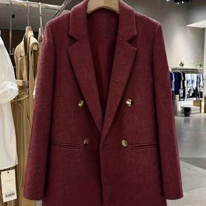 TEMU 2025 가을/겨울 고품질 혼방 정장 | 버건디 브리티시 스타일 더블 브레스트 코트 메탈 버클 + 섬세한 질감의 루즈 드레이프 커뮤터 스타일 라이트 럭셔리 직장 여성 의류