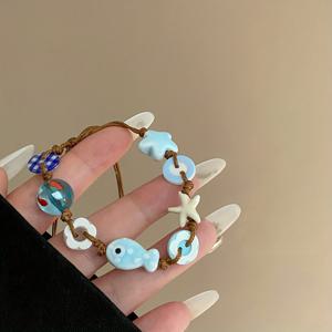 TEMU Y2K 물고기 & 팔찌 1개 - 손으로 짠 사이즈 조절 가능한 로프 체인 버튼 잠금장치 포함, 데일리웨어, 파티, 휴가에 적합한 항해 스타일, 여성을 위한 선물, 마디그라 및 사계절 의상을 위한 바다 테마